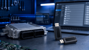 PCMflash module selection guide with ECU, laptop, and ECUpacket USB devices