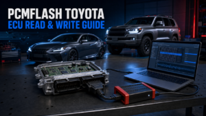 PCMFlash Toyota ECU read and write setup with ECUpacket programmer
